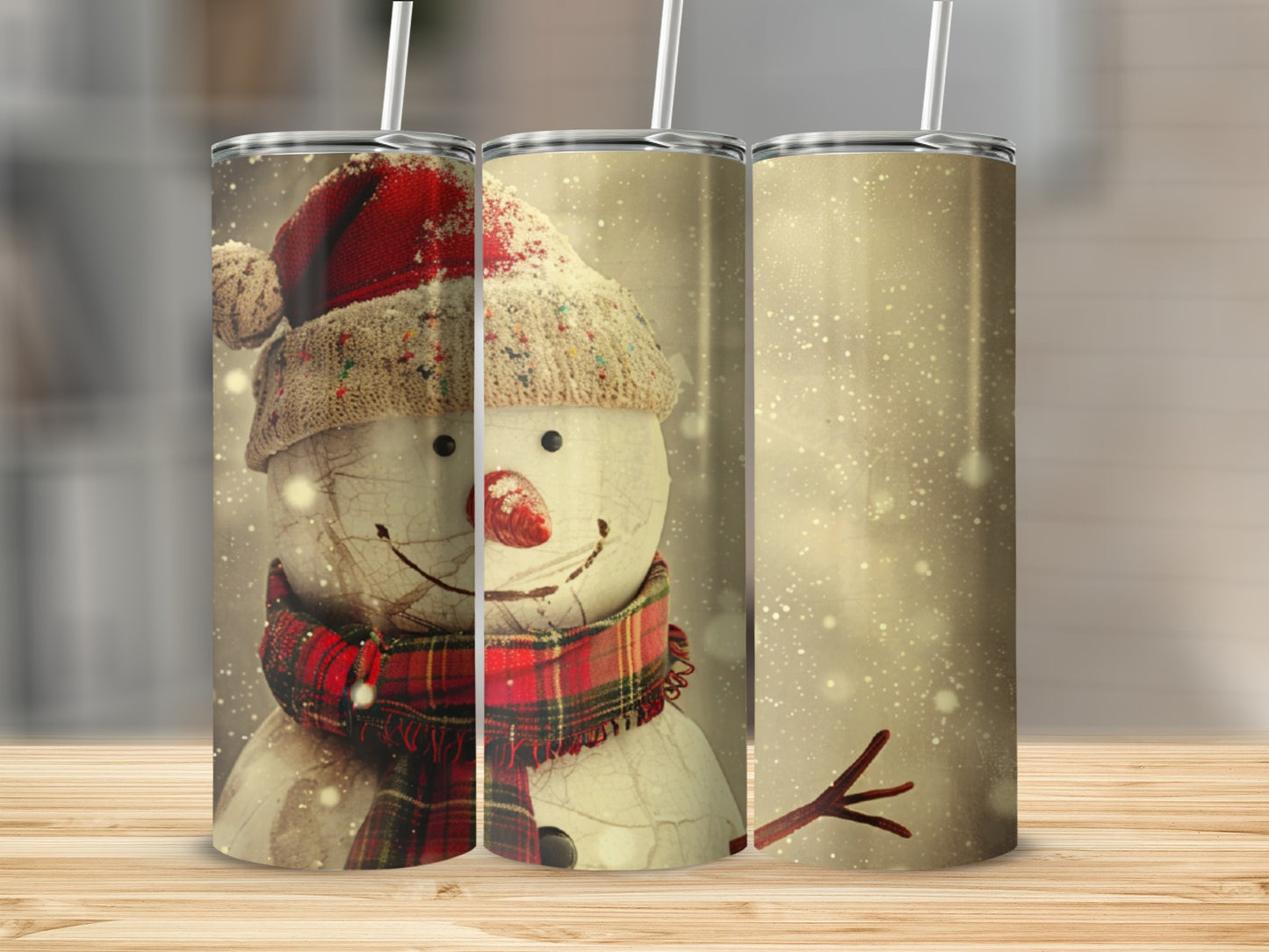 Snowman in Santa hat and plaid scarf, with sparkly background.