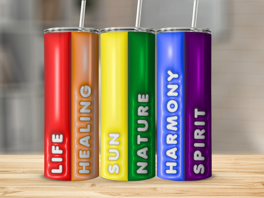 Three colorful tumblers with "LIFE," "HEALING," "SUN," "NATURE," and "HARMONY" text.