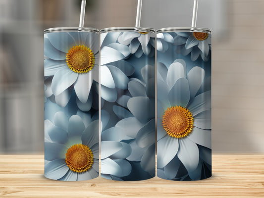 Three tall tumblers with a repeating pattern of stylized white and blue daisies.