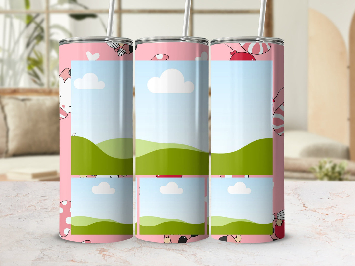 Pink tumblers with cartoon characters, hearts, and balloon designs.