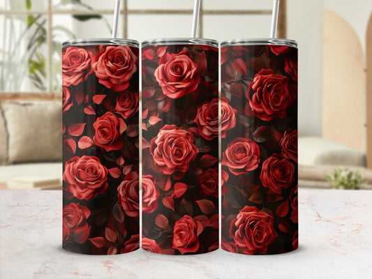 Three tumblers with a deep red rose floral pattern.