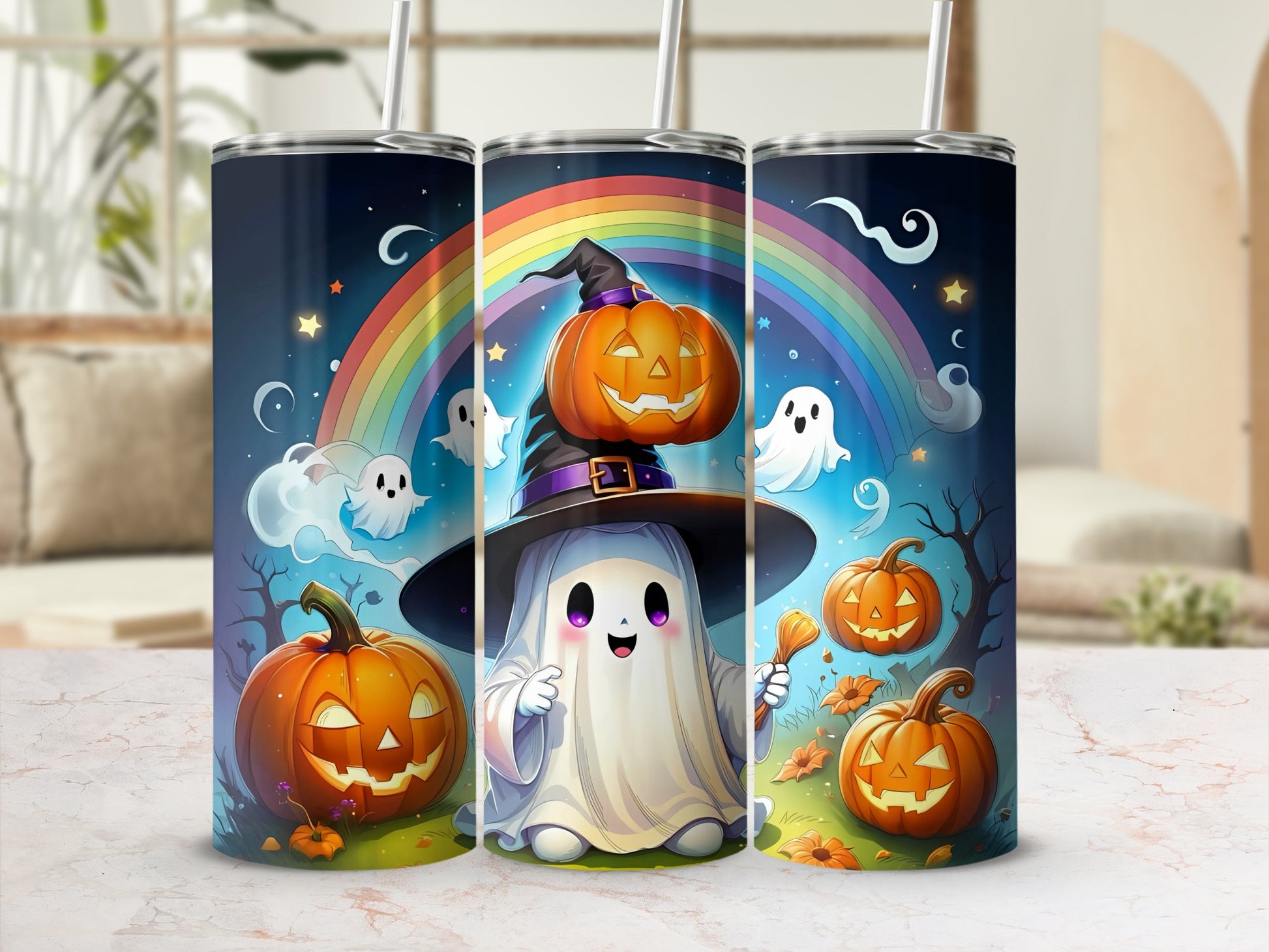 Halloween tumbler with ghost, pumpkins, and rainbow graphic.