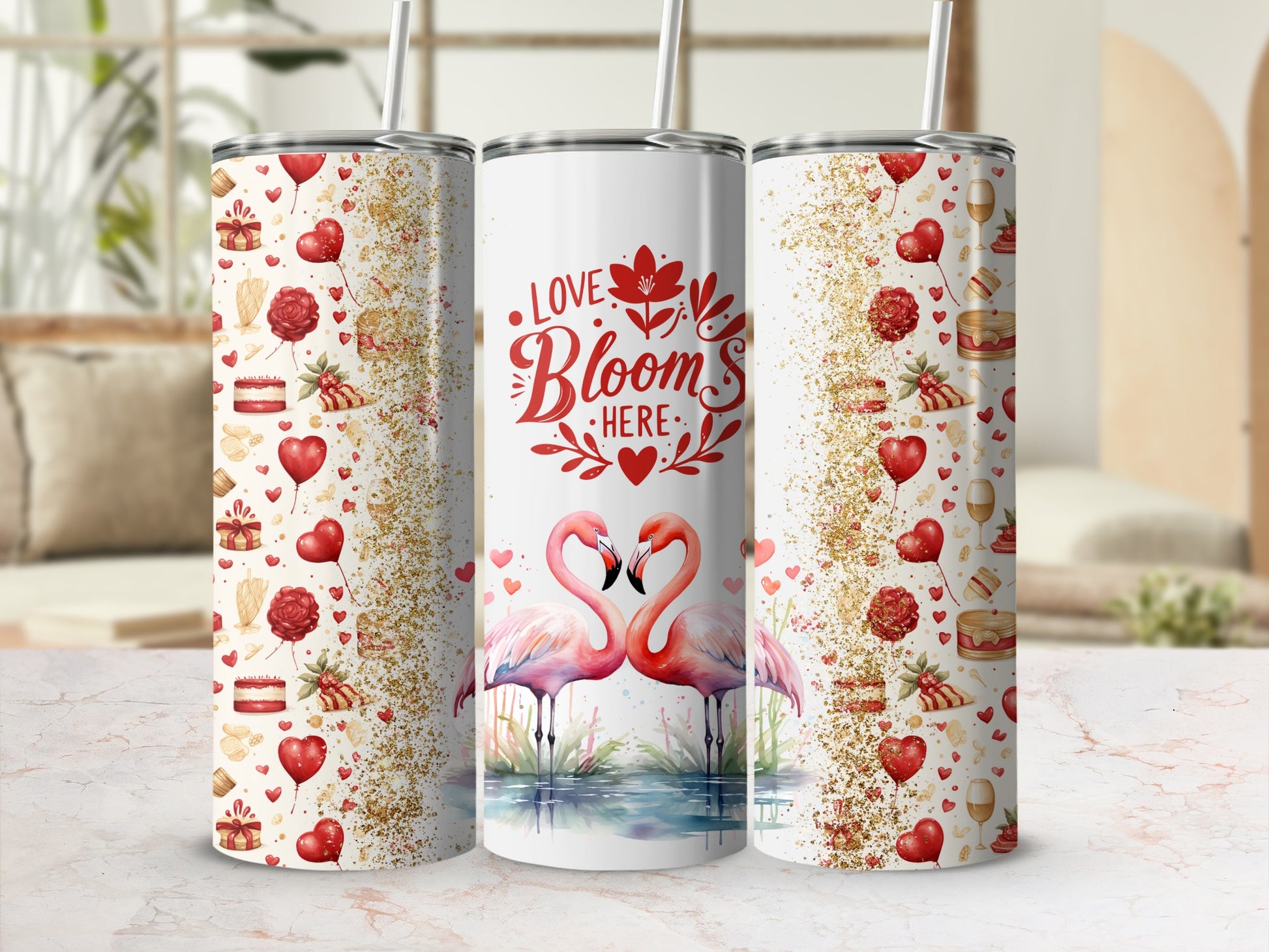 Love Blooms Here Flamingo Hearts Print Tumbler