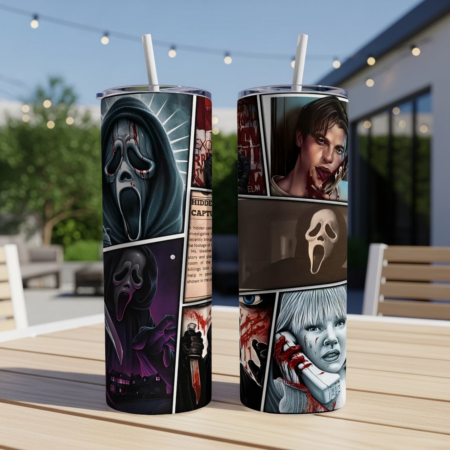 Tumblers with comic book style art of Ghostface and horror movie scenes.