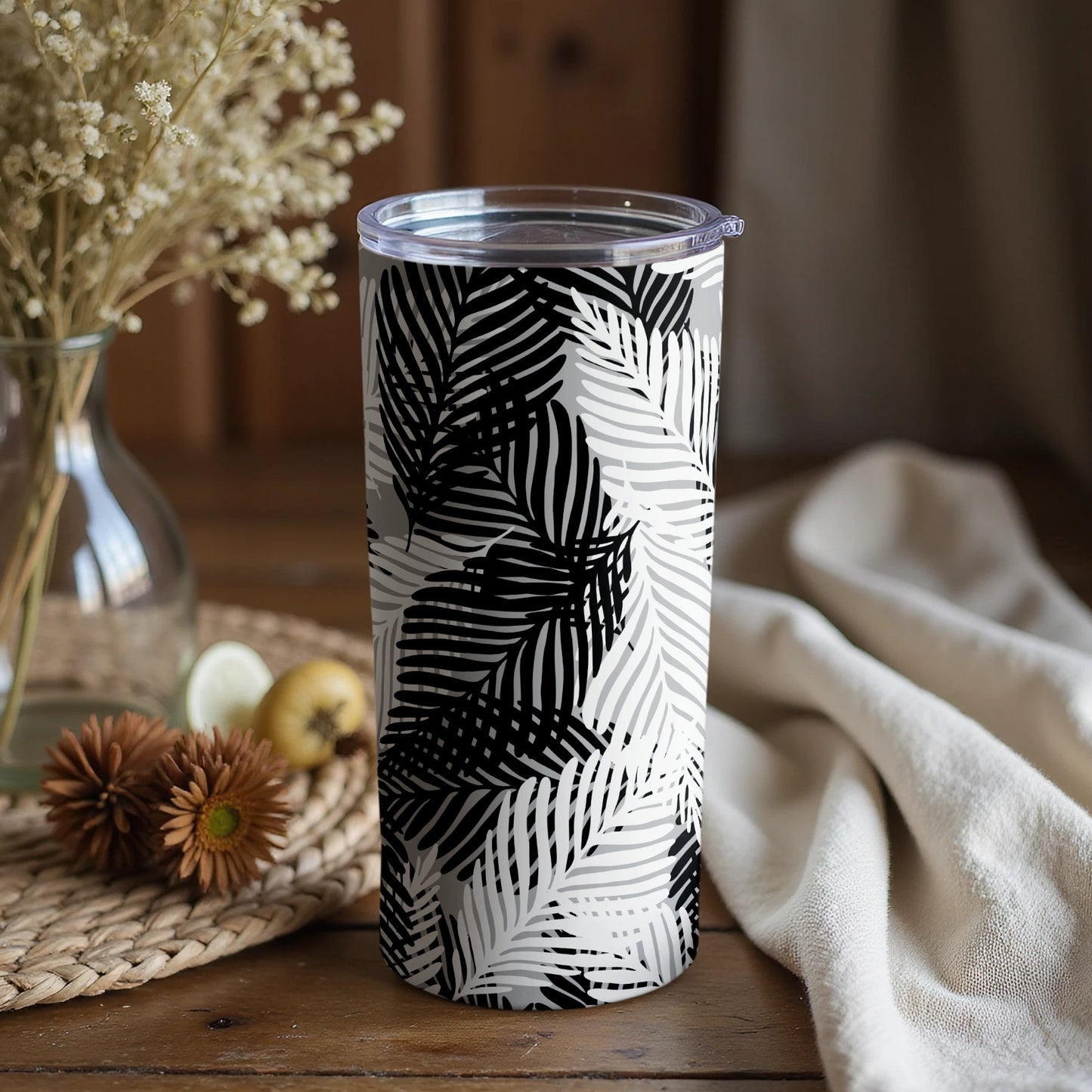 Monochrome Leaf Pattern Insulated Travel Tumbler