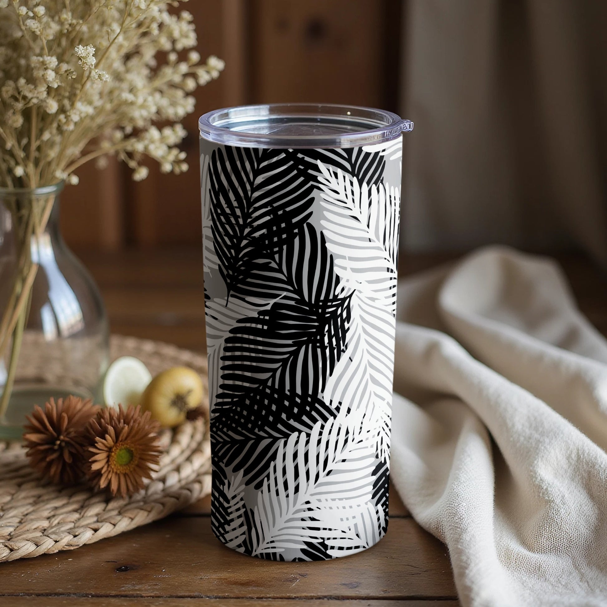 Monochrome Leaf Pattern Insulated Travel Tumbler
