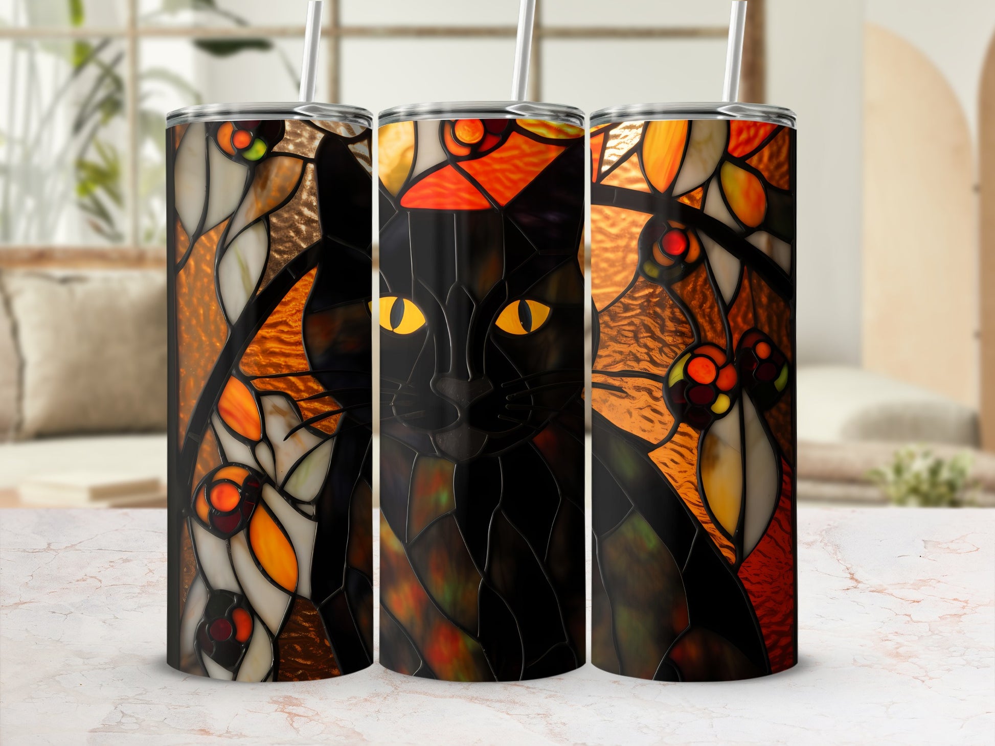 Triptych of stained glass effect tumblers featuring a black cat with yellow eyes.