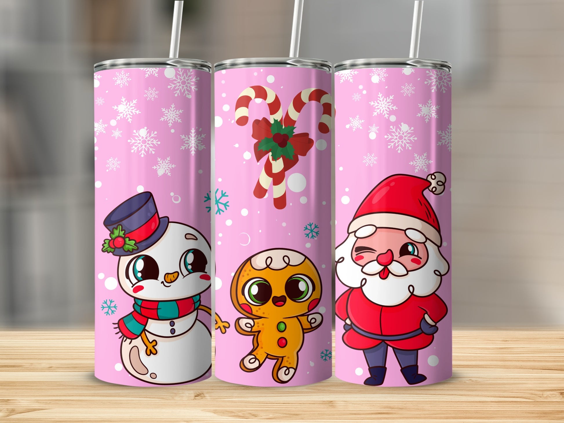 Cute Christmas Cartoon Characters Pink Tumblers