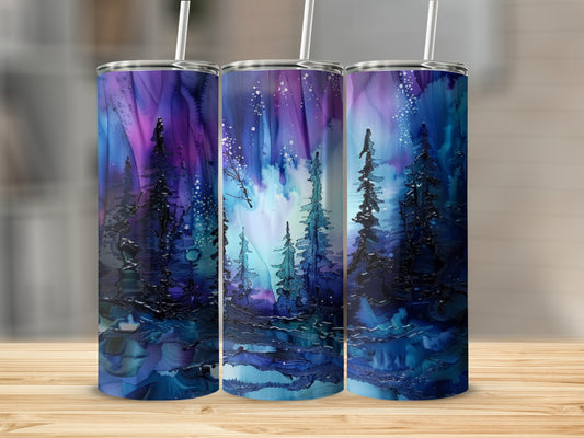 Abstract winter forest scene with starry night sky.