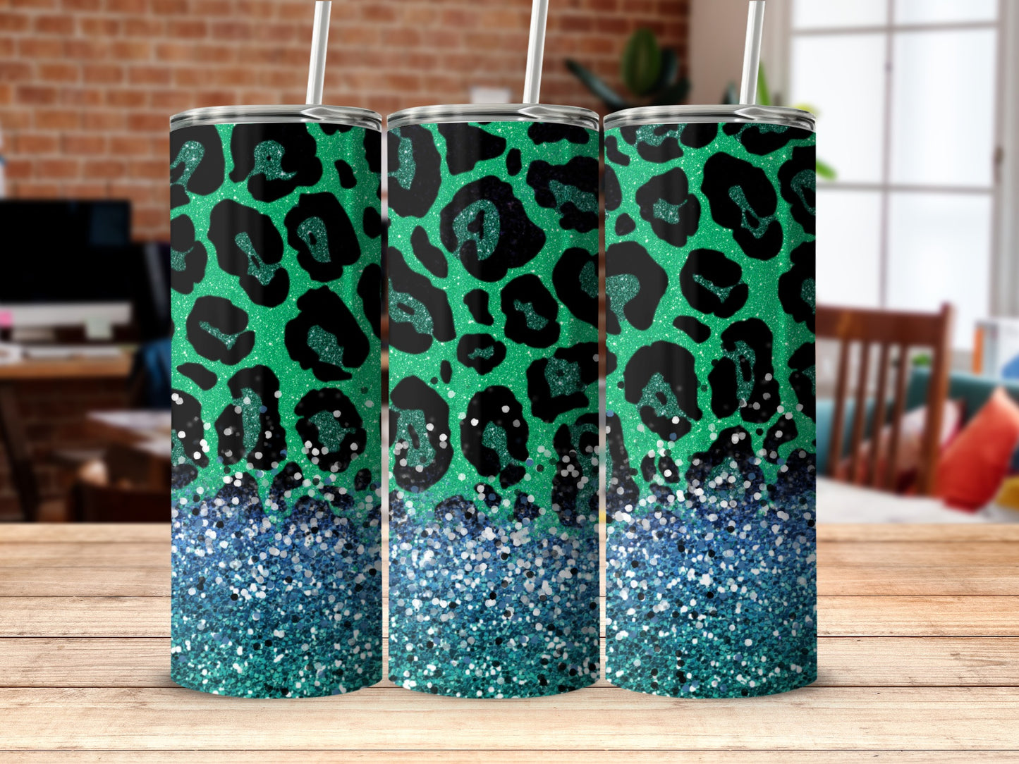 Green and Blue Glitter Leopard Print Tumbler Product