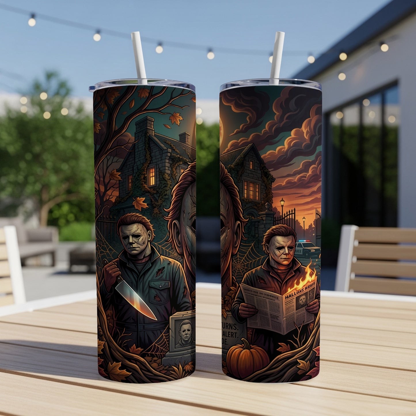 Two tumblers featuring Michael Myers with Halloween themes, including a house and pumpkin.
