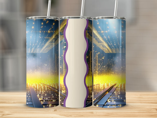 Three tumblers with a futuristic digital cityscape and glowing lights design.