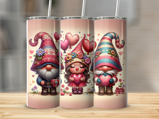 Three gnomes with hearts, balloons, and floral decorations.