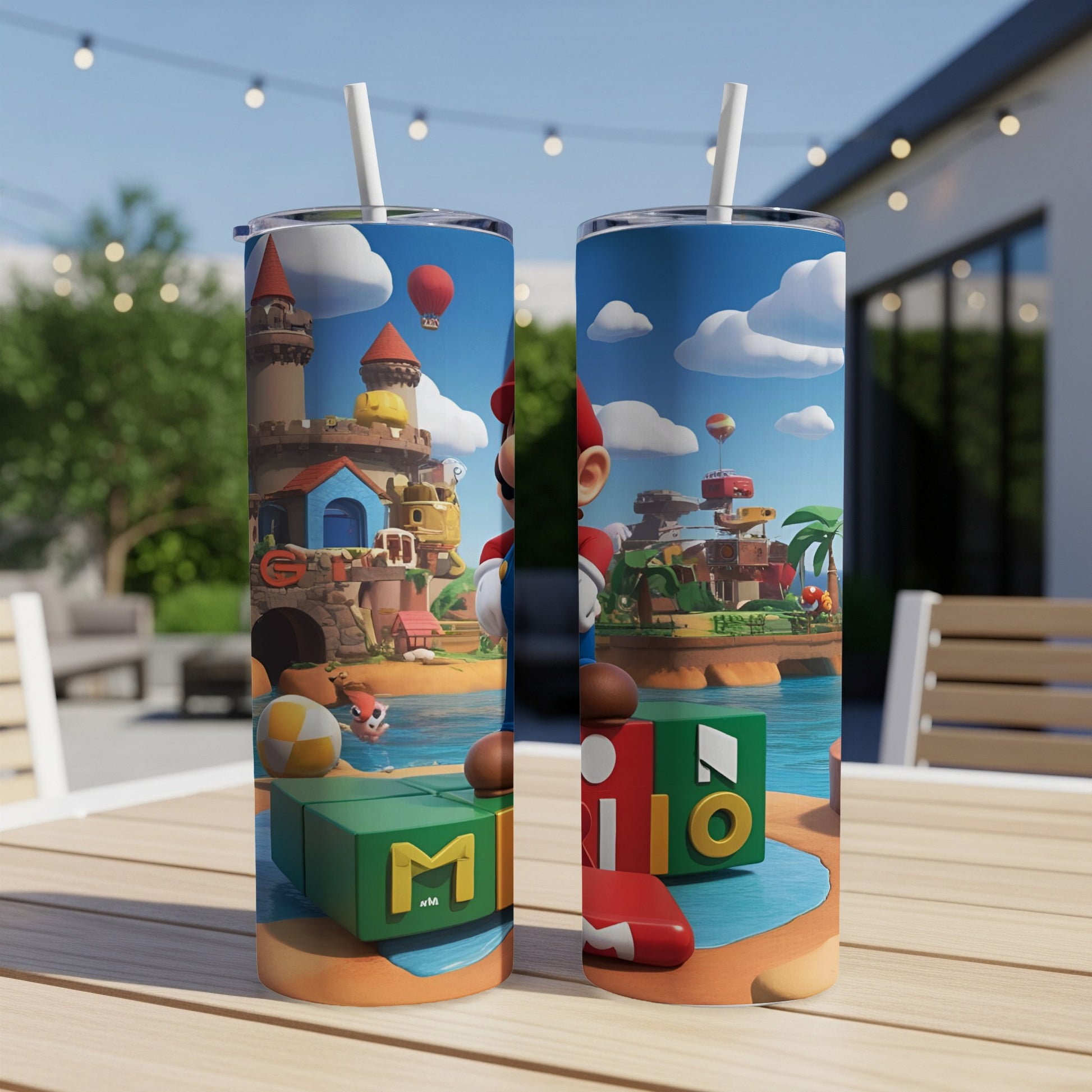 Super Mario-themed tumbler with castle, characters, and "Mario" text.