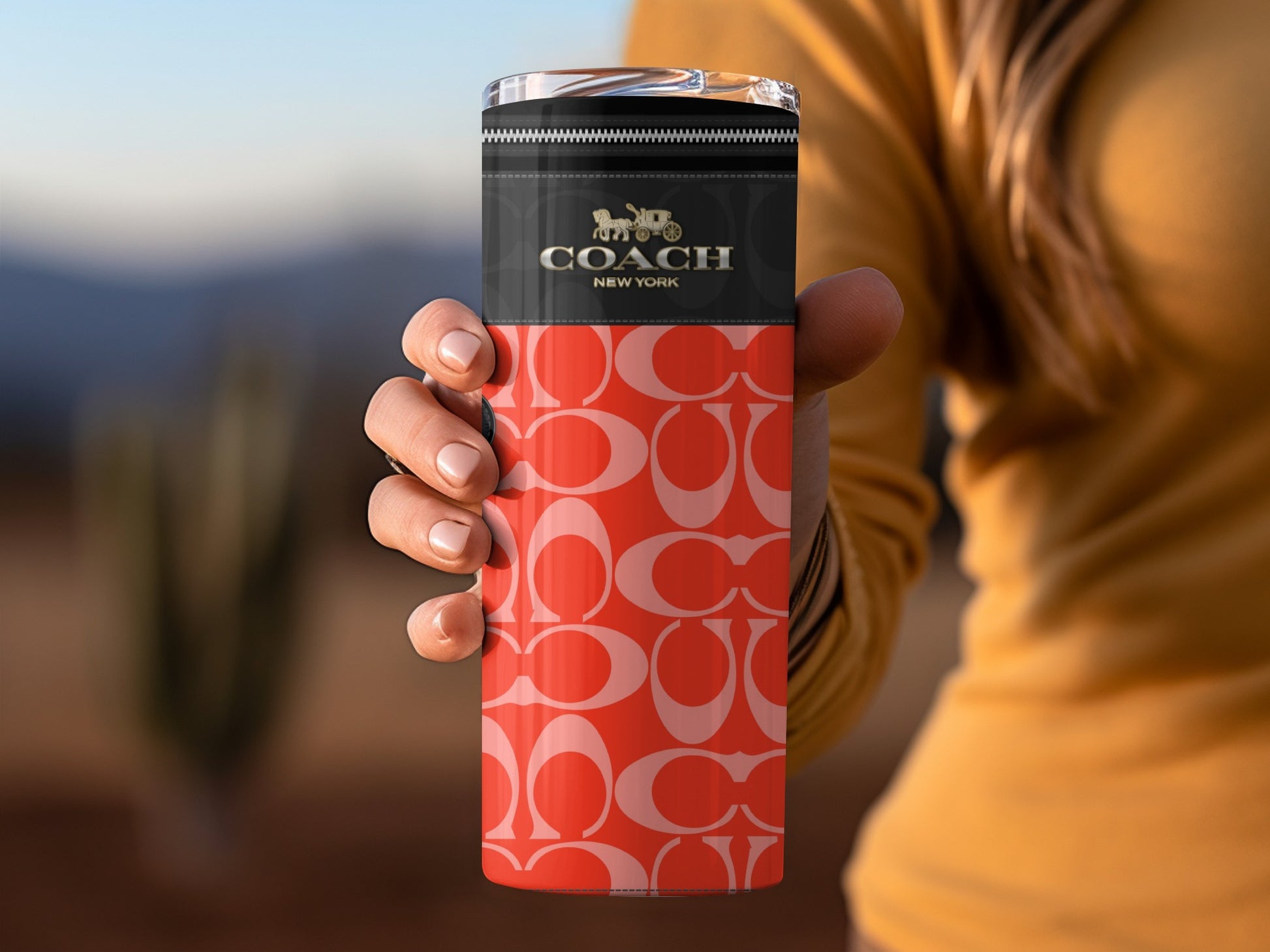 Stylish Coach New York Red Patterned Travel Mug