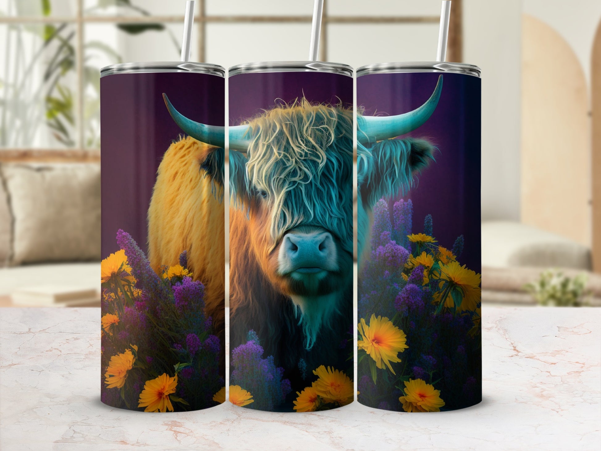Three tumblers featuring a highland cow with purple and yellow flowers.