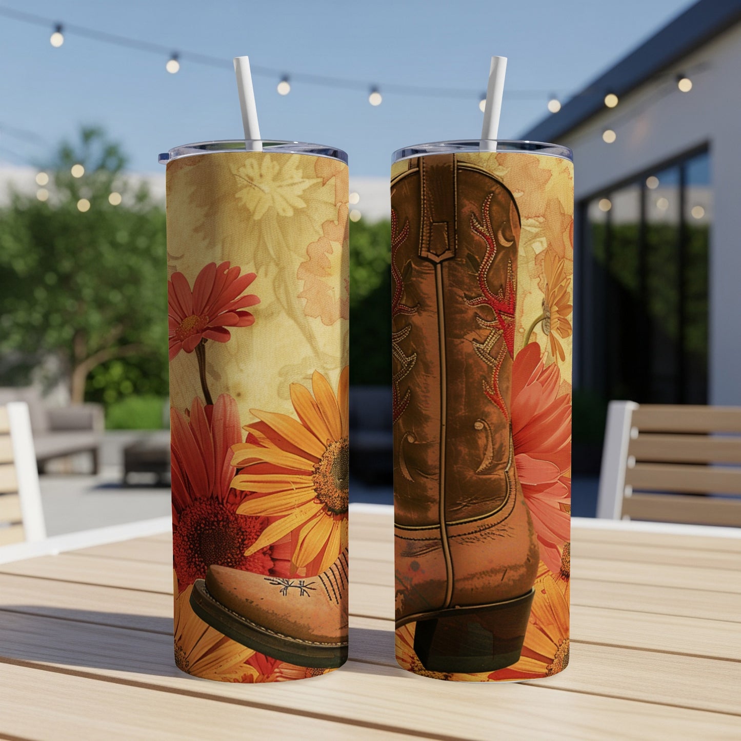Cowboy boots and flowers on a tumbler against a blurred outdoor background.