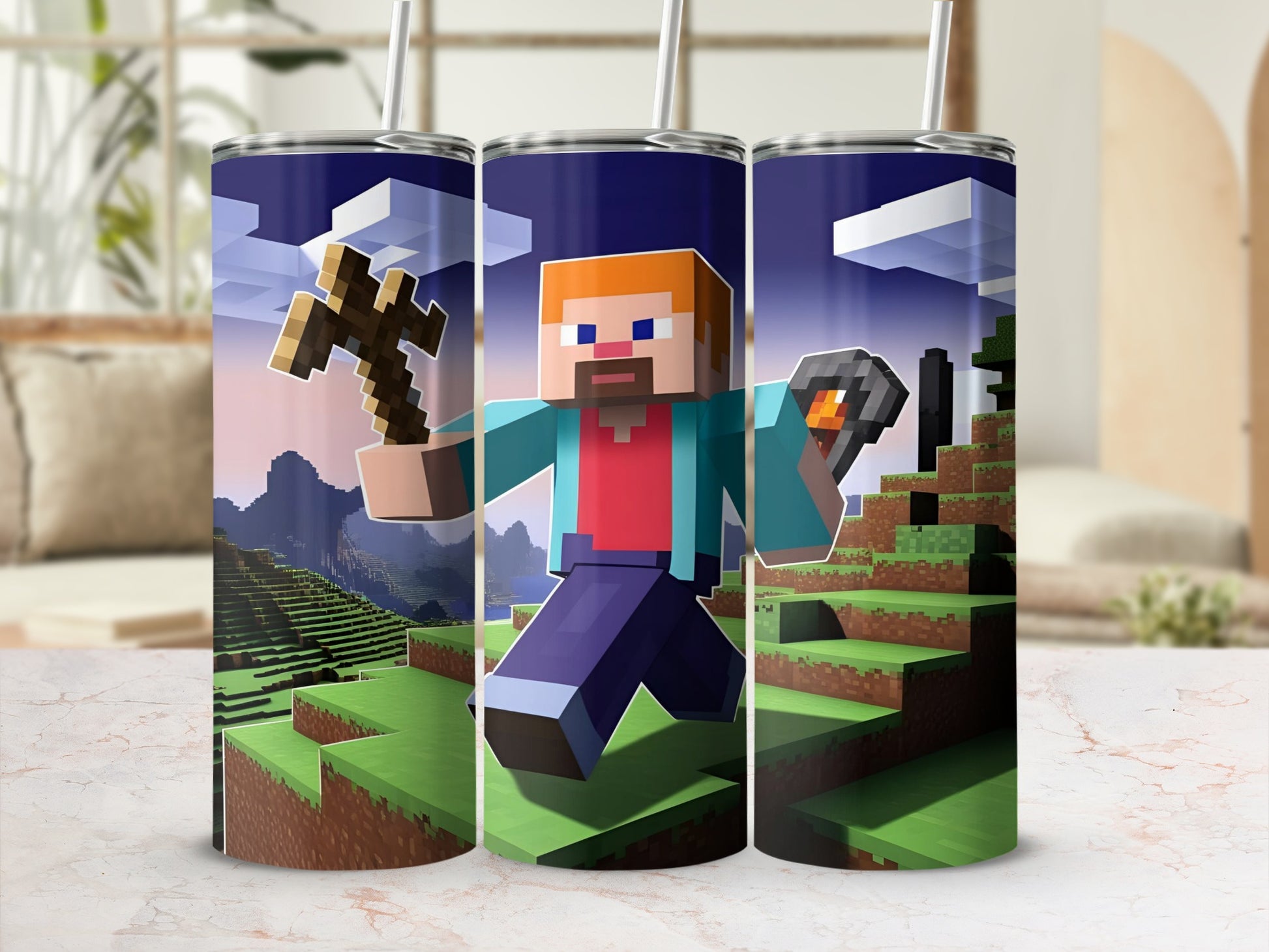 Steve from Minecraft holding a diamond pickaxe and torch in a pixelated landscape.