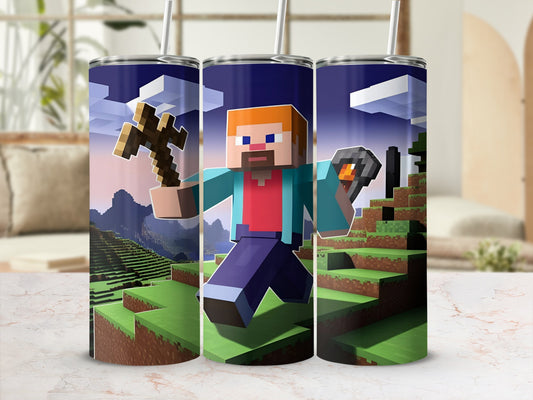 Steve from Minecraft holding a diamond pickaxe and torch in a pixelated landscape.