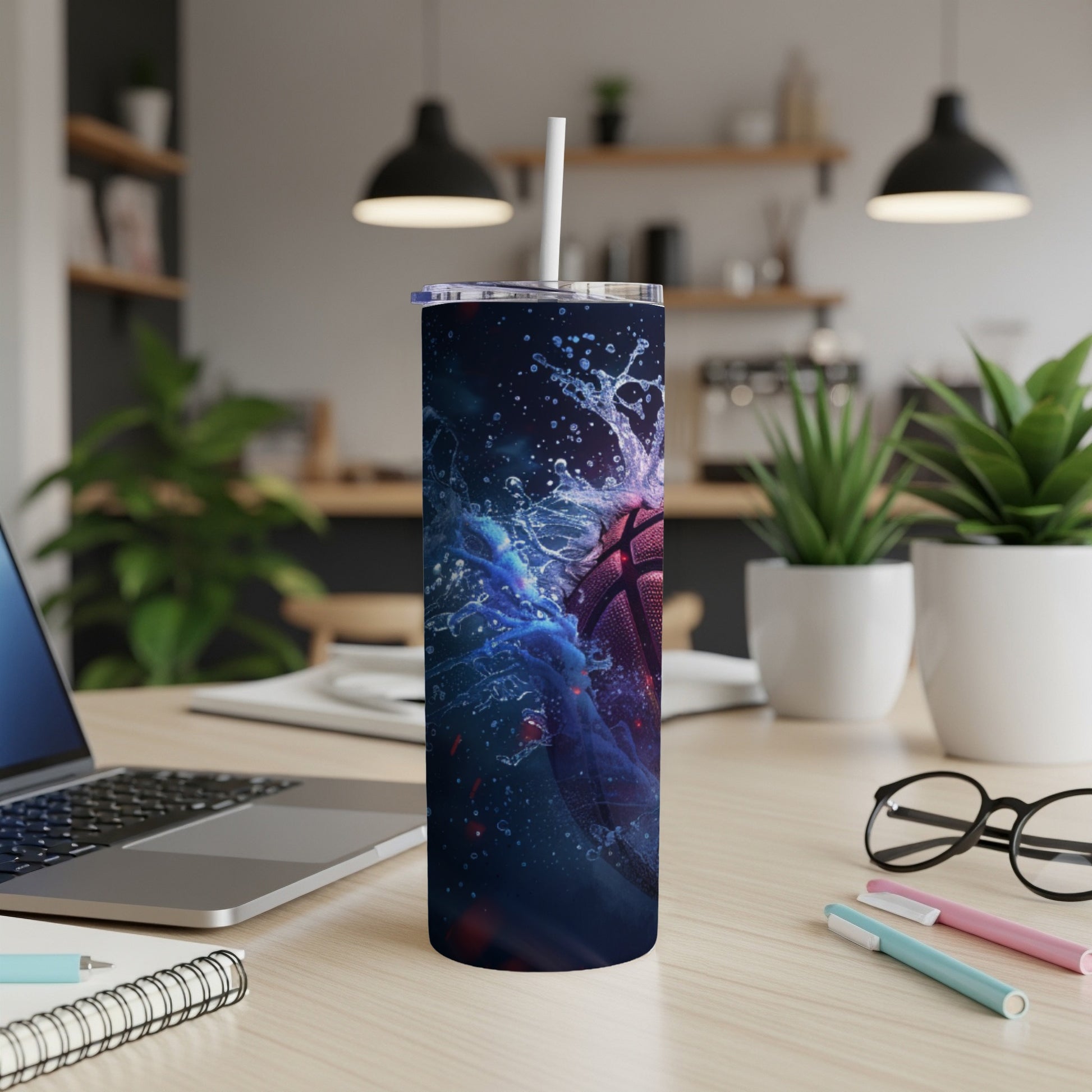 Basketball themed tumbler with water and blue smoke effects.