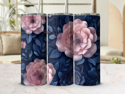 Three tumblers with a pink rose and navy blue floral design.
