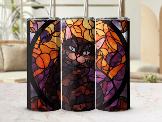Stained glass cat design on three tumblers with straws.