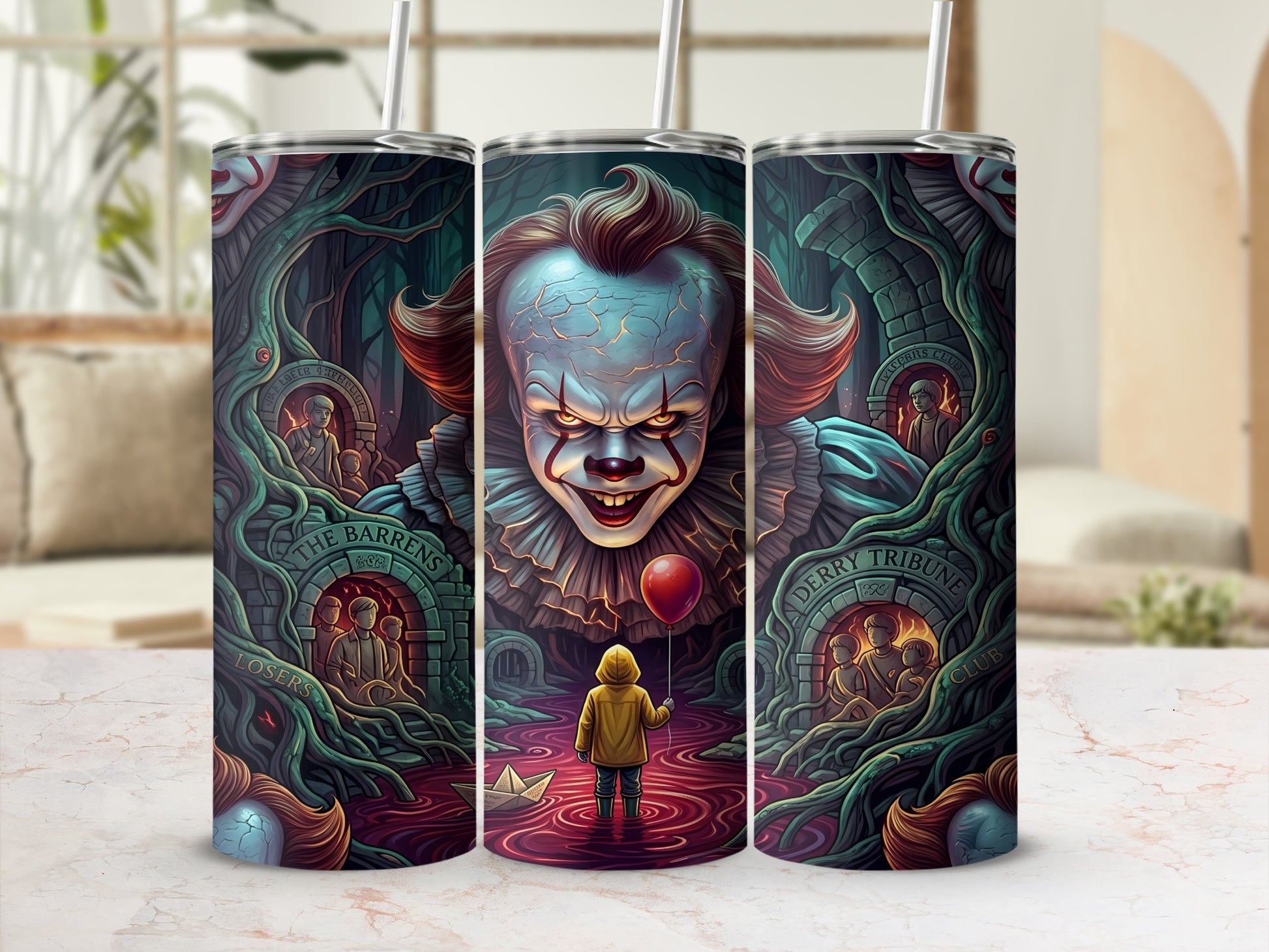 Pennywise clown looms over a child holding a red balloon in bloody water.
