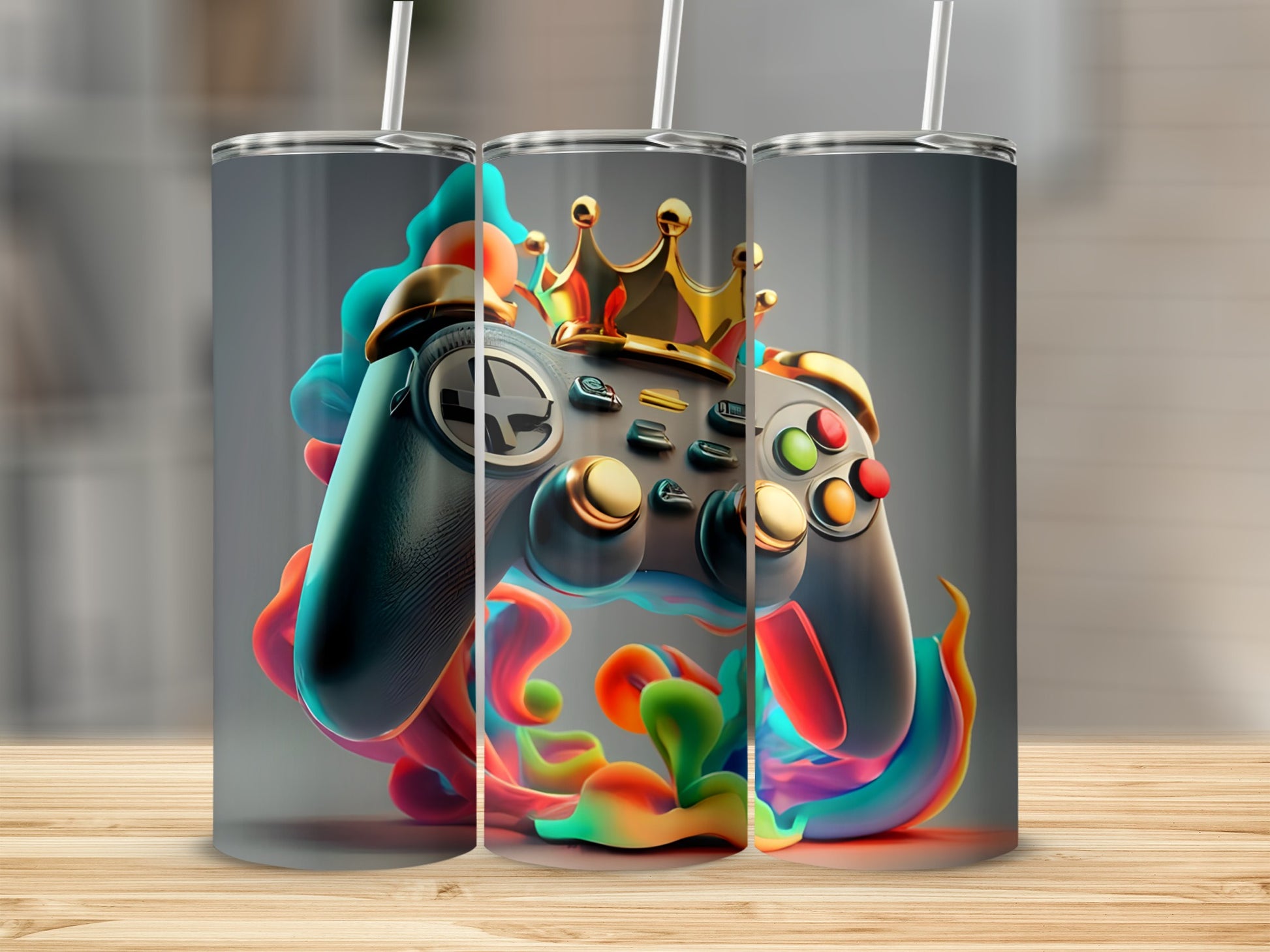 Video game controller with colorful swirling liquid and a crown.