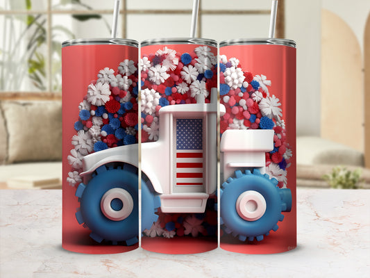 Tractor with American flag design on red tumbler.