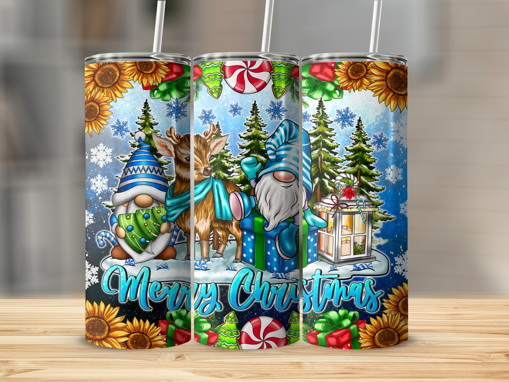Gnomes in winter hats with deer, trees, gifts, and sunflowers on tumblers.