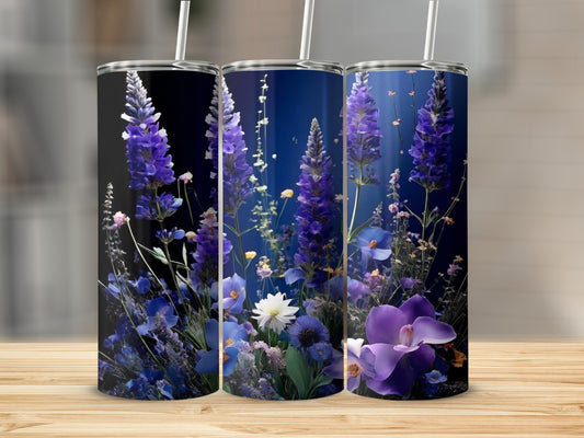 Three tumblers with a dark blue floral design featuring purple and white flowers.