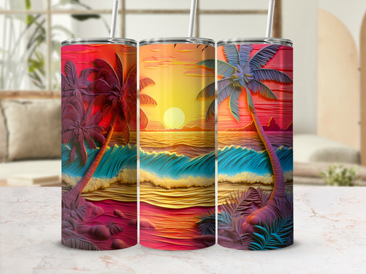 Vibrant Sunset Ocean Waves Palm Trees Beach Artwork product type