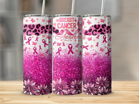 Pink glitter tumbler with leopard print and breast cancer awareness ribbons.