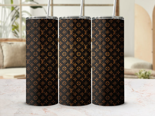 Three dark brown tumblers with gold LV monogram pattern.