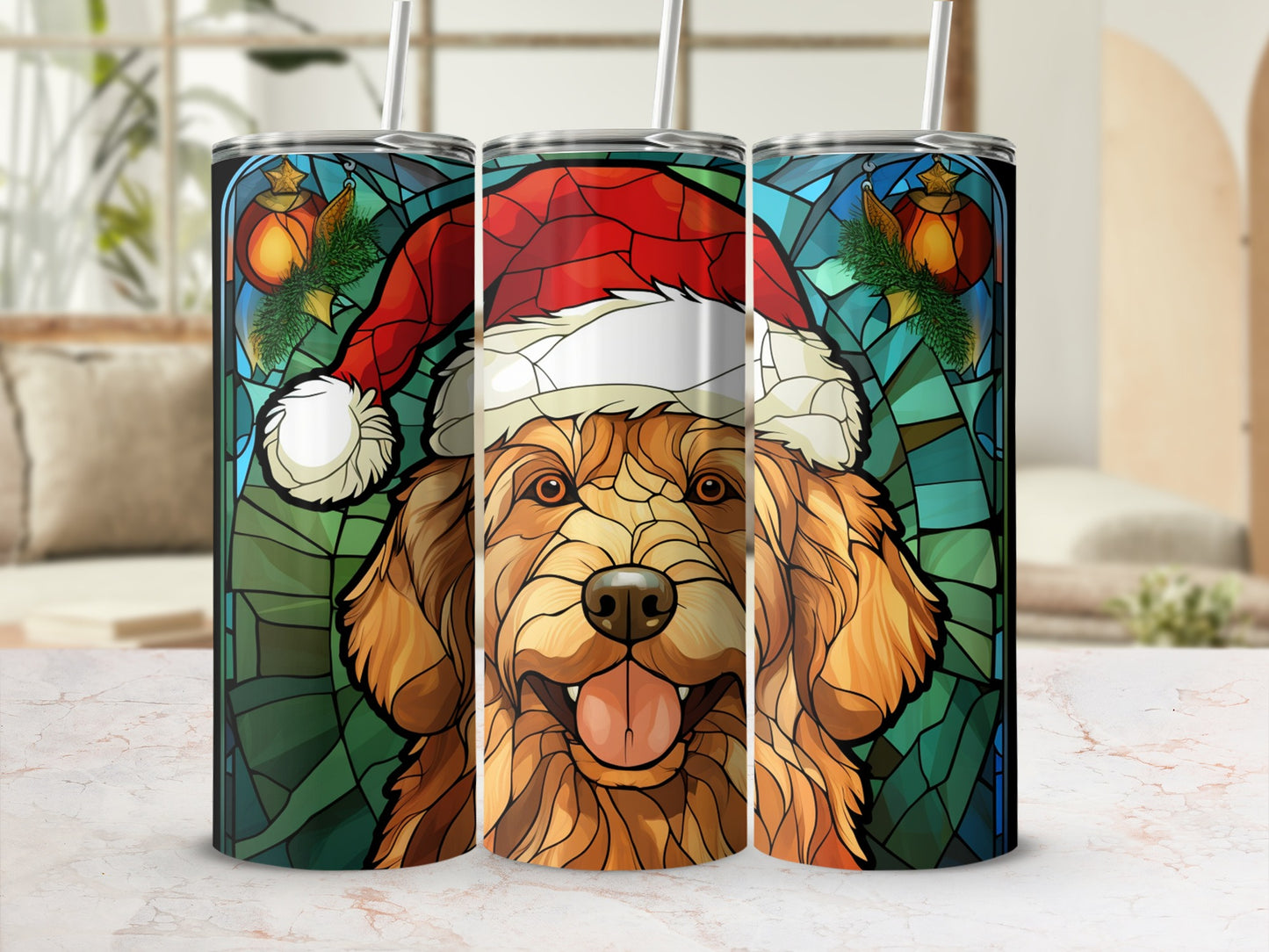 Golden retriever dog wearing Santa hat with stained glass background.