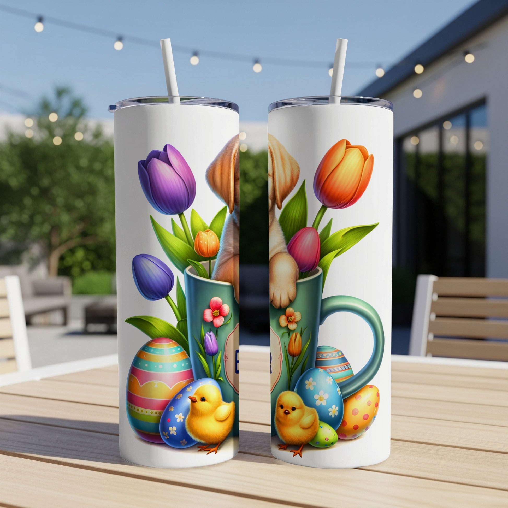 Two insulated tumblers featuring a puppy in a mug, Easter eggs, and chicks.