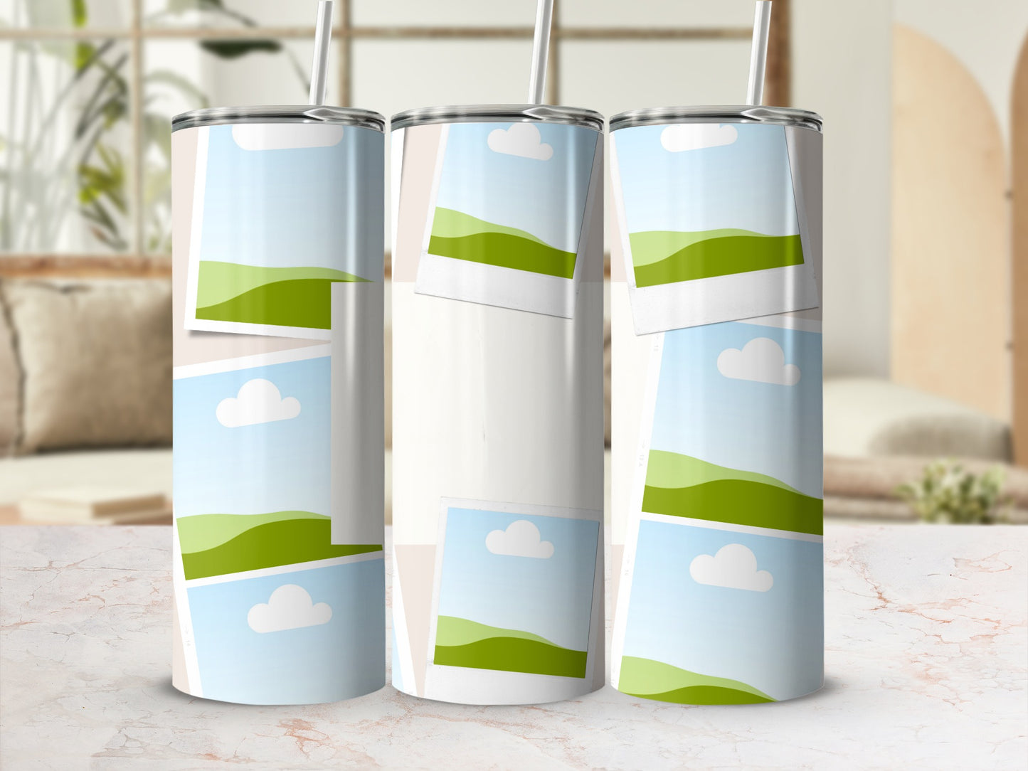Three tumblers with a collage of landscape photo frames.