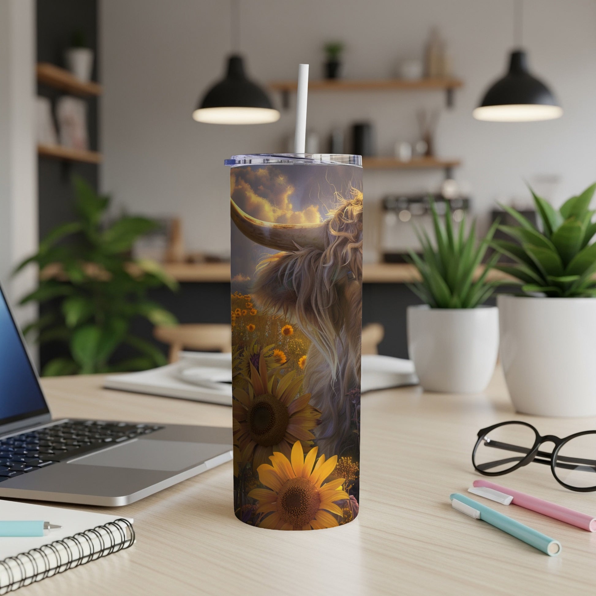 Highland cow among sunflowers on a white tumbler.