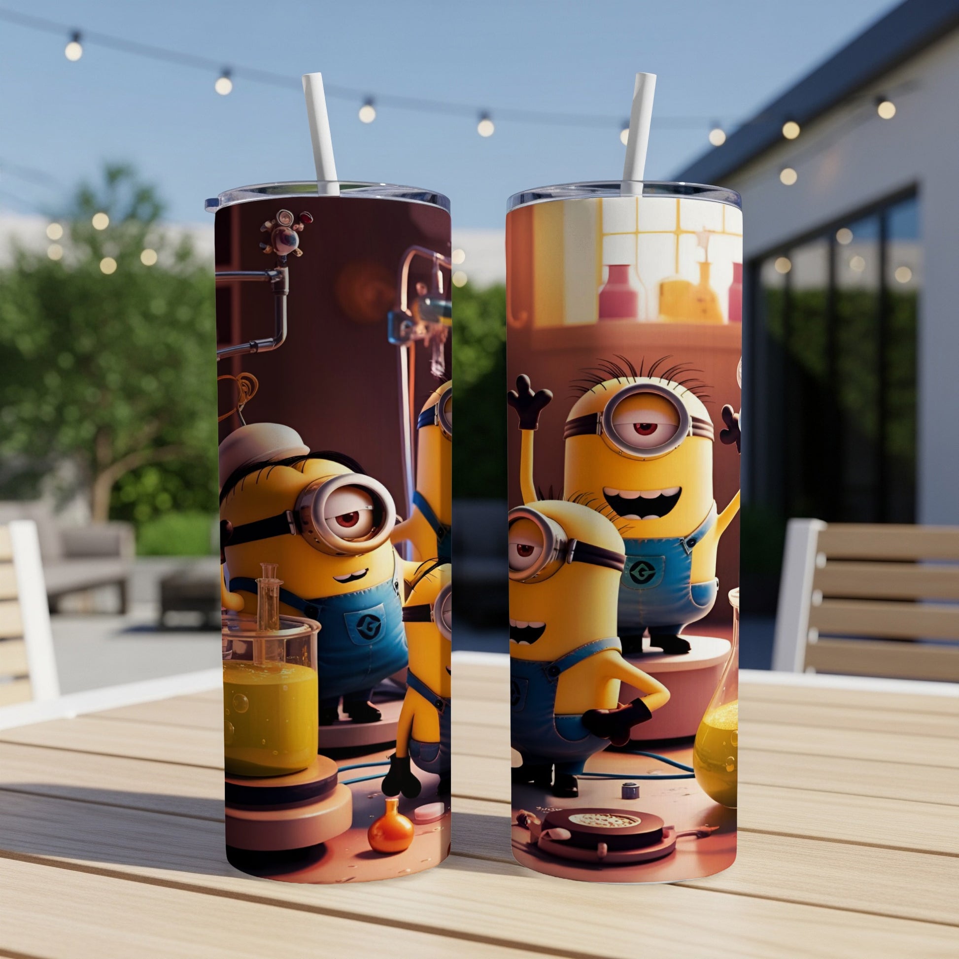 Minions in lab coats making a potion on a science-themed tumbler.