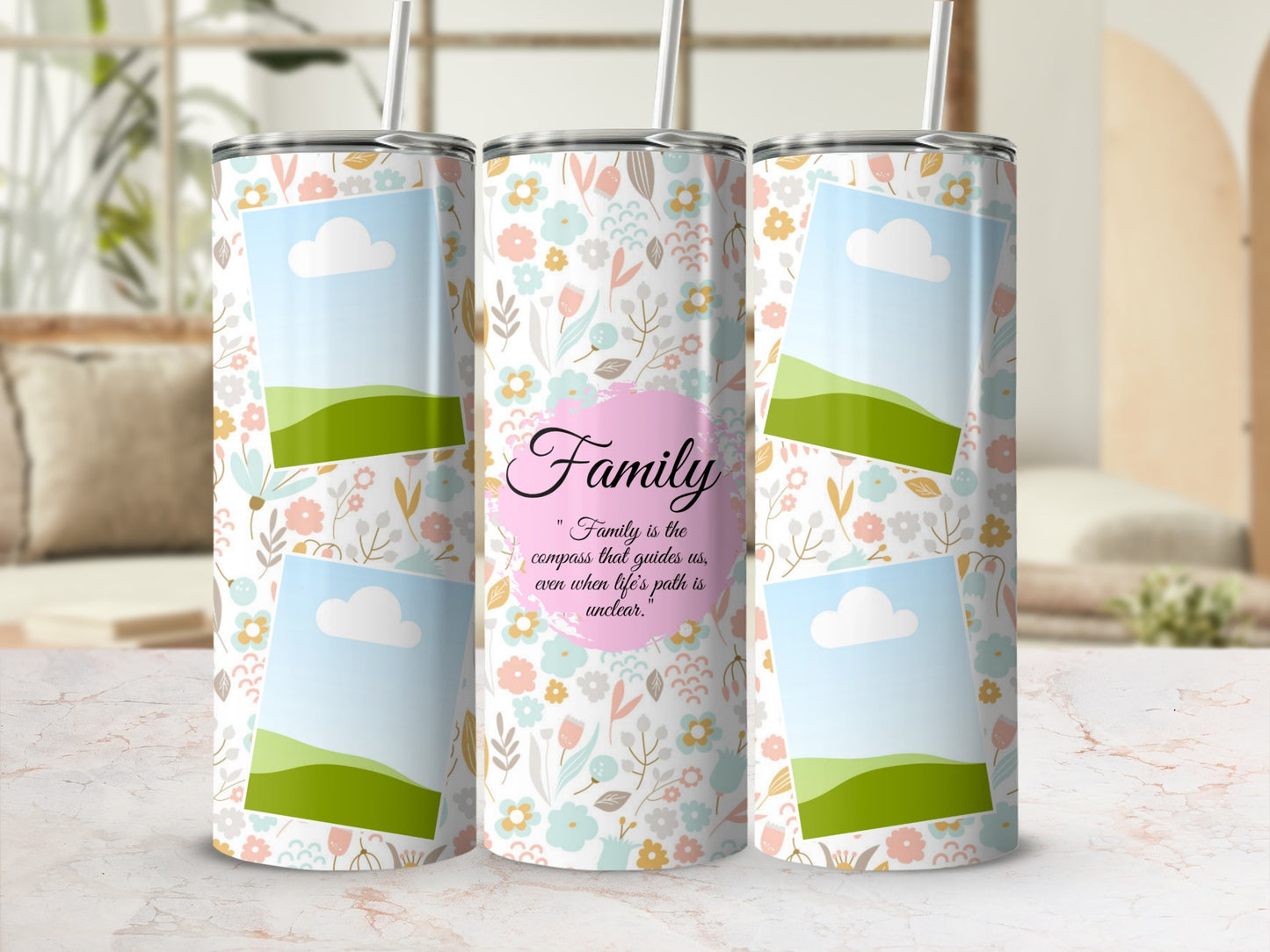 Tumbler with floral pattern, photo frames, and "Family" quote.