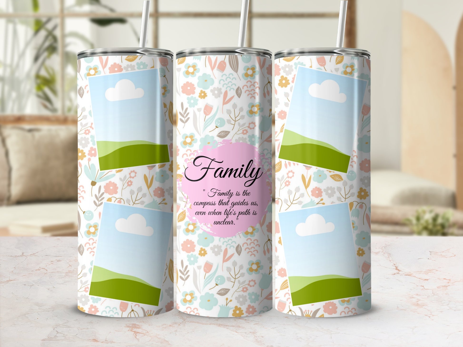 Tumbler with floral pattern, photo frames, and "Family" quote.