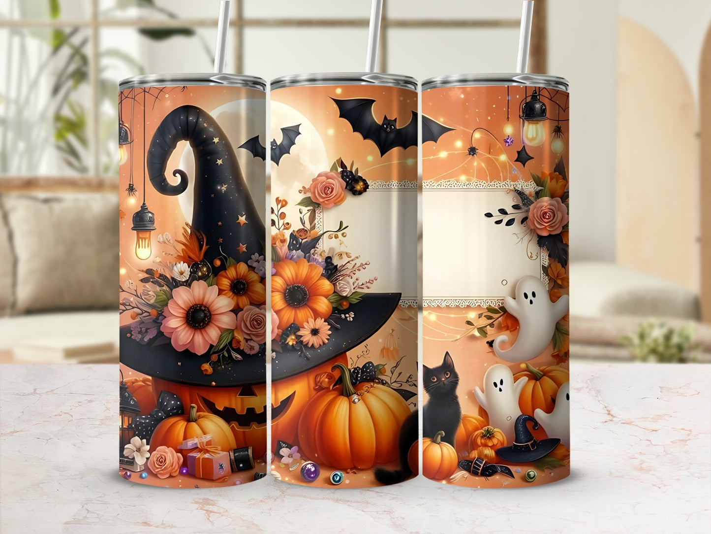 Halloween themed tumblers featuring pumpkins, witch hat, bats, ghosts, and a black cat.
