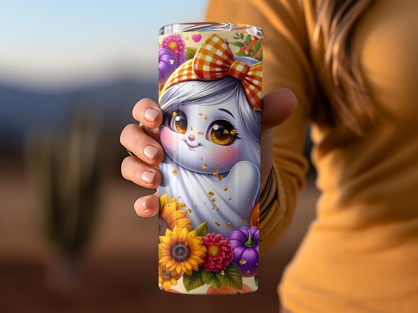 Cute Ghost With Bow Surrounded By Pumpkins And Flowers Tumblers