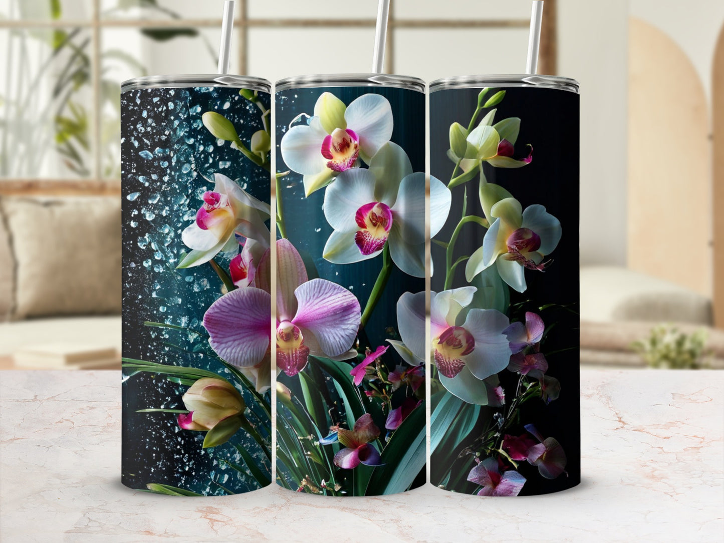 Three tumblers featuring watercolor orchids and water droplets.