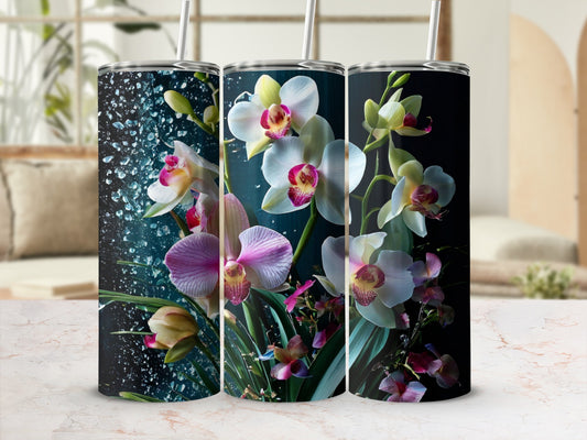 Three tumblers featuring watercolor orchids and water droplets.