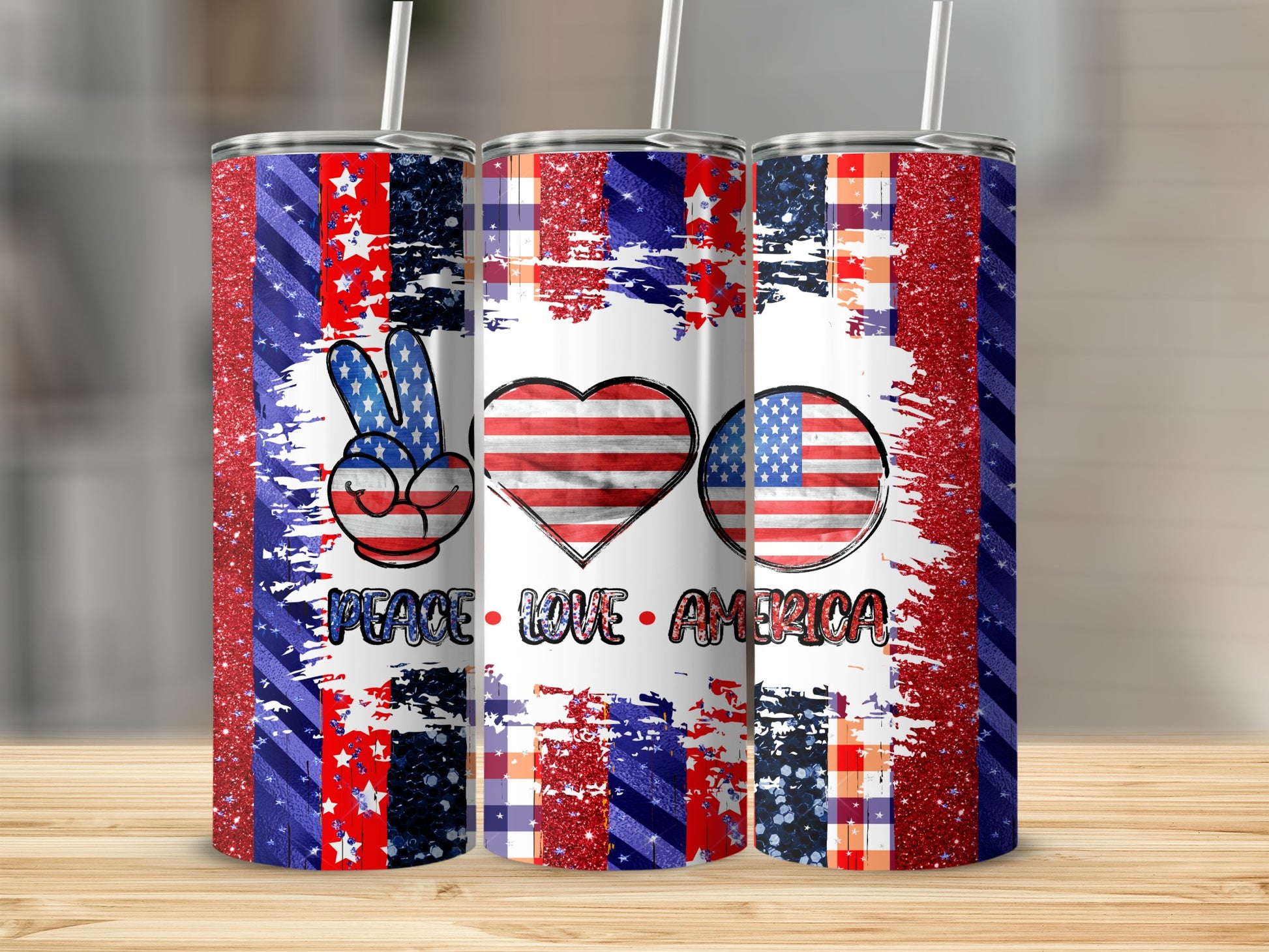 Peace Love America tumbler with American flag designs.