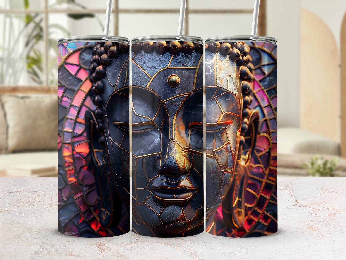 Three tumblers featuring a detailed Buddha face with stained-glass accents.