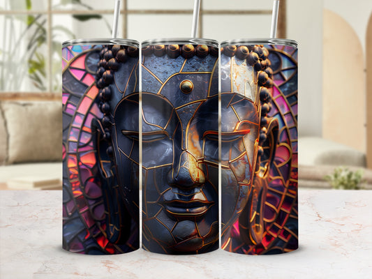 Three tumblers featuring a detailed Buddha face with stained-glass accents.