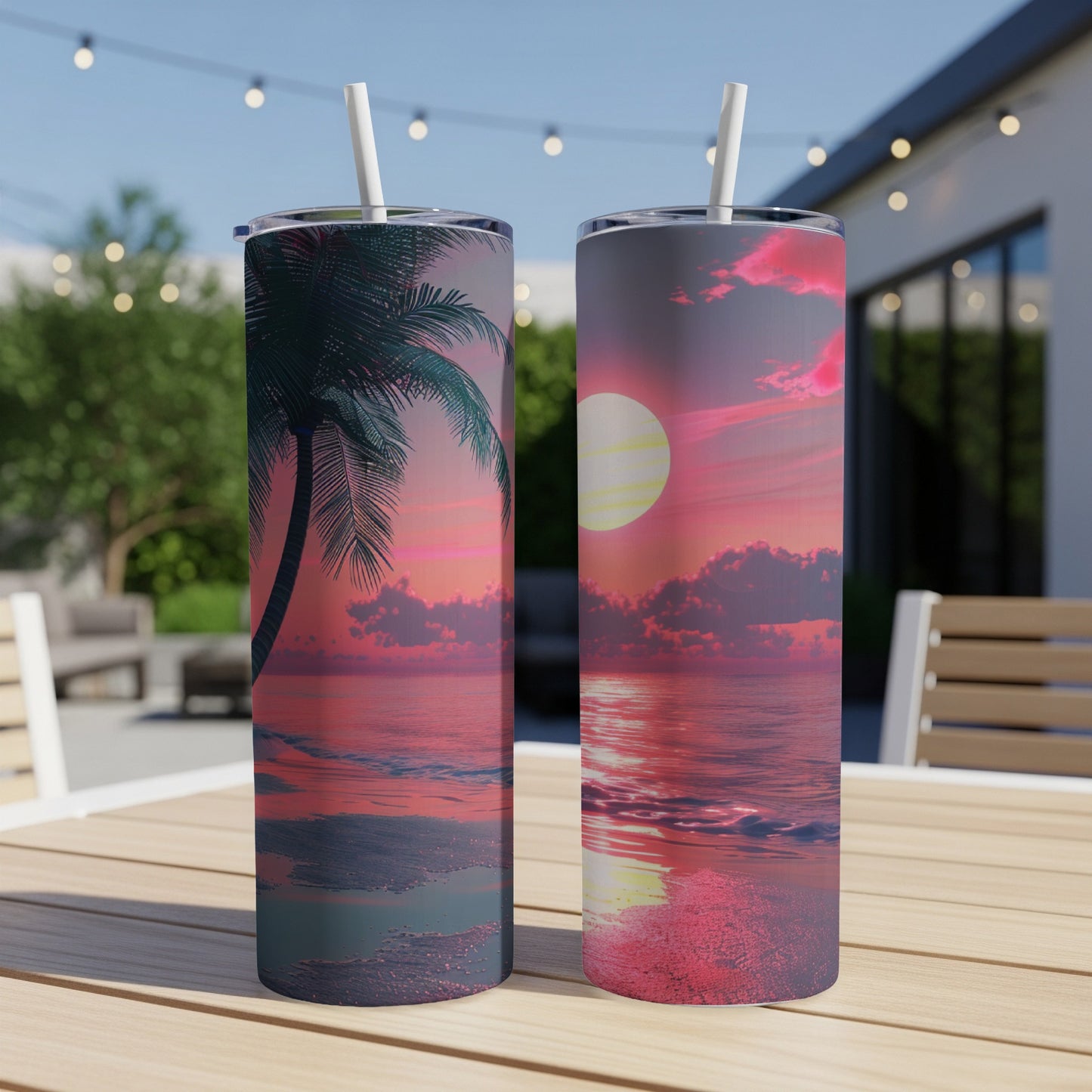 Two tumblers on a table featuring a vibrant sunset over an ocean.