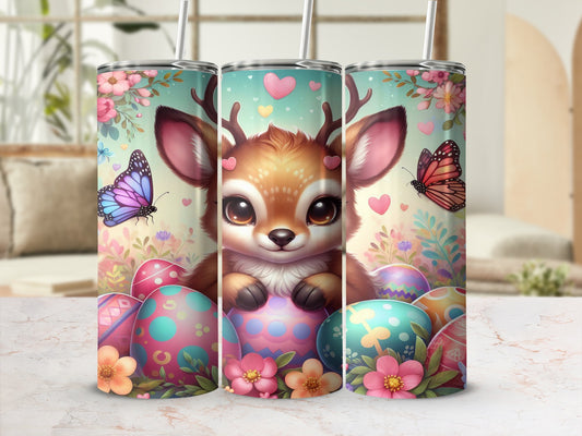 Cute deer surrounded by colorful Easter eggs and flowers.